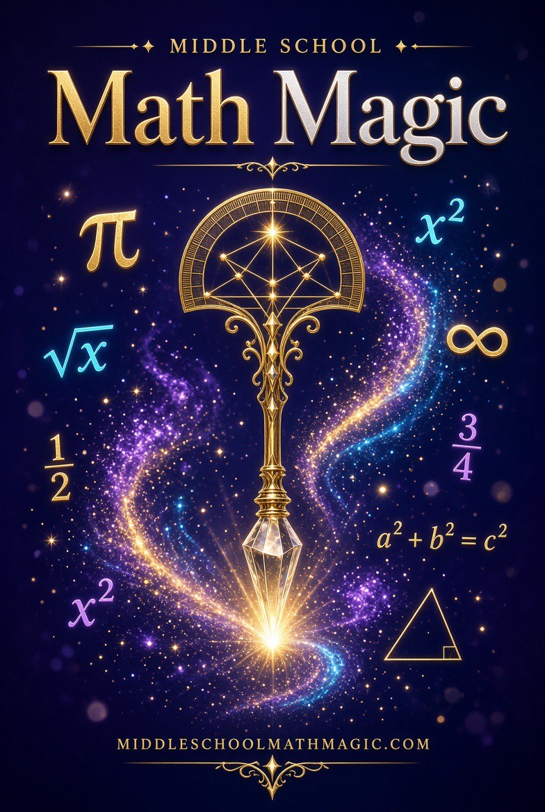 Middle School Math Magic logo: a golden wand surrounded by glowing math symbols.